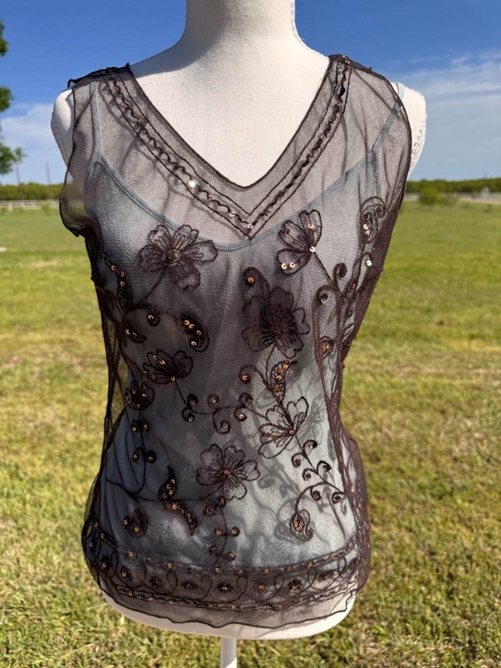 Moda International (Victoria's Secret) Sheer V-Neck Sleeveless Top - sequins